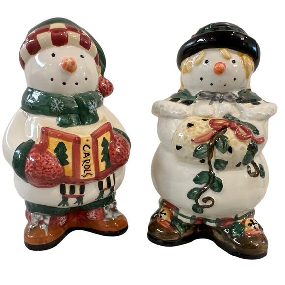 Sakura Debbie Mumm 'Winter Follies' Snowmen Vintage 90s Salt and Pepper Shakers - Picture 1 of 5